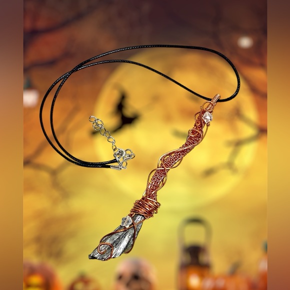 HANDMADE Halloween Witch’s Broom Hand Wrapped Bare Copper Kyanite Fan Pendant - Picture 1 of 10